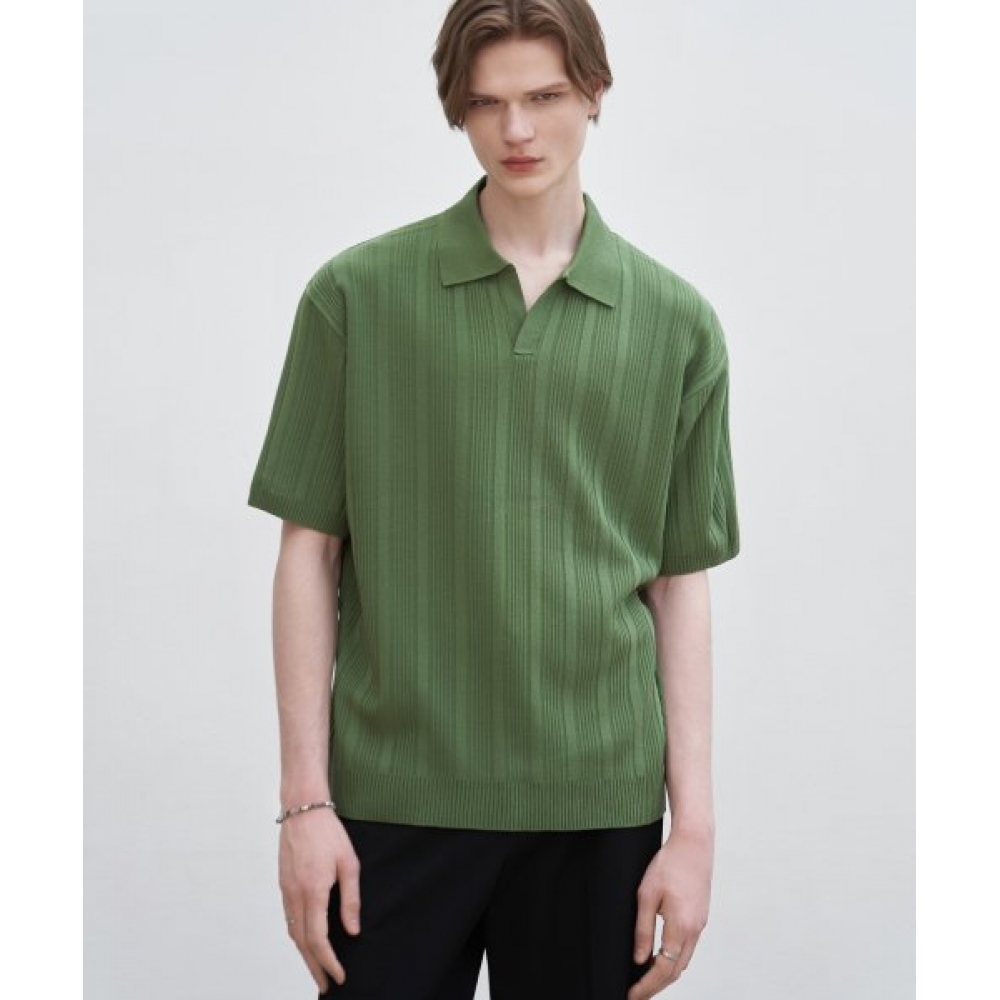 DRAW FIT リブド オープンカラー 半袖 ニット GREEN