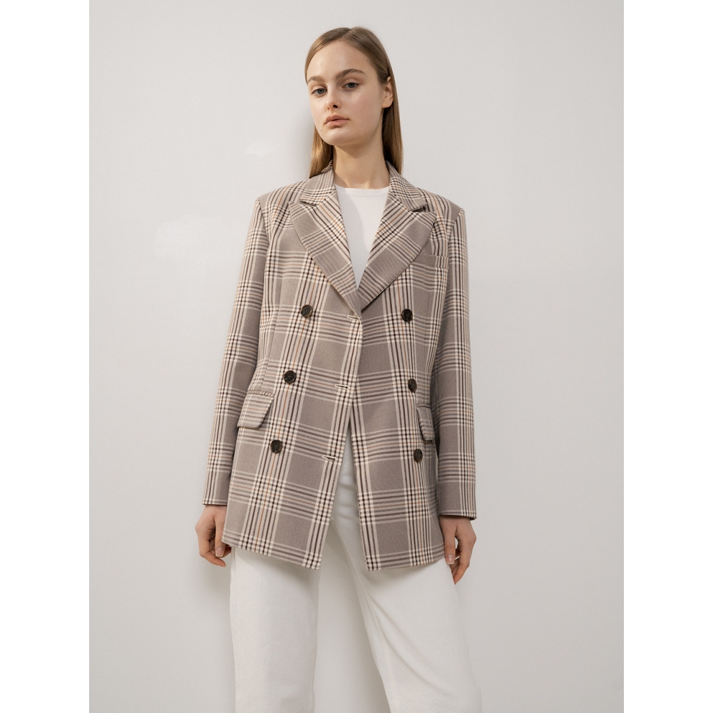 LIEGE チェックダブルブレザ チェック ミドル ボタン ポケット